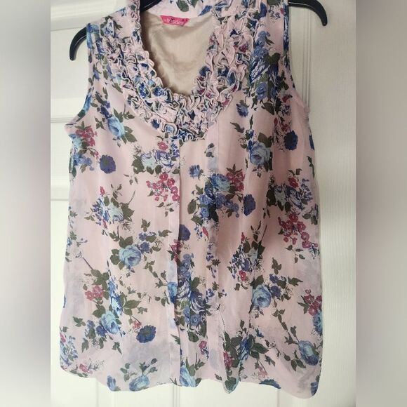 Whistles L Pink Floral Print Sleevless Lined SILK Ruffles Women’s Top Blouse - Picture 1 of 10